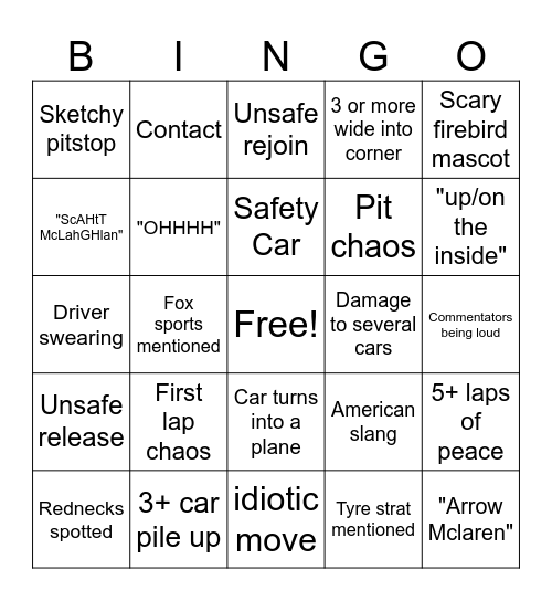 INDYCAR Bingo Card