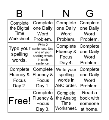 Homework Bingo- Group 1 (10/3) Bingo Card