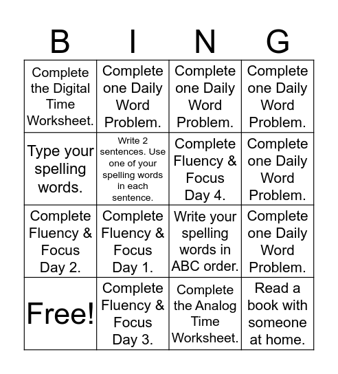 Homework Bingo- Group 1 (10/3) Bingo Card