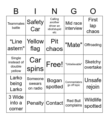 SUPERCARS Bingo Card