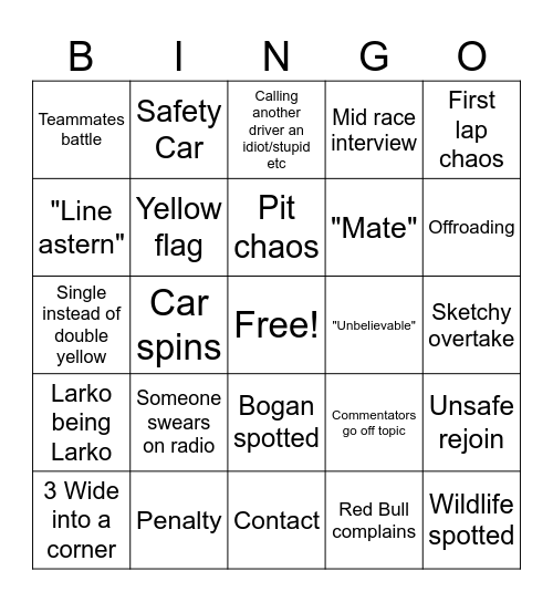 SUPERCARS Bingo Card