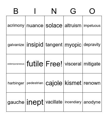 THRIVE Vocabulary Bingo Card
