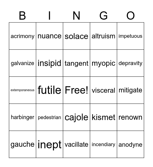 THRIVE Vocabulary Bingo Card