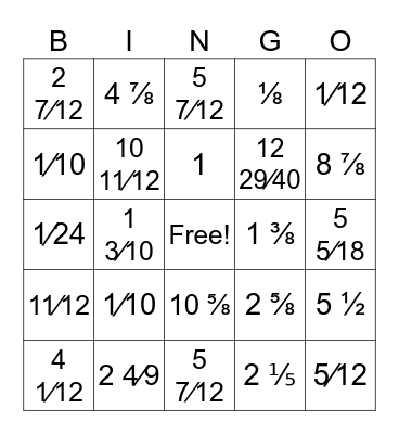 Fractions Review Bingo Card