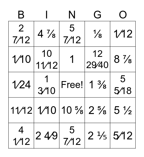 Fractions Review Bingo Card