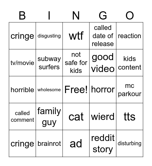 yt shorts Bingo Card