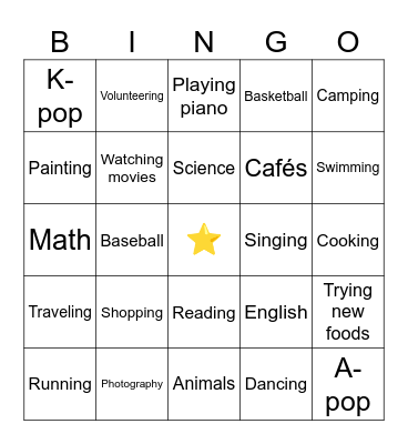 Interests Bingo Card