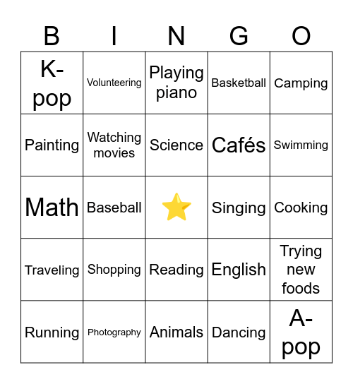 Interests Bingo Card