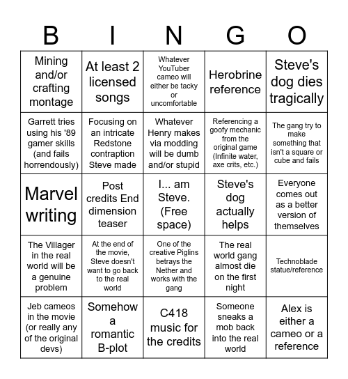 Minecraft Movie Bingo Card