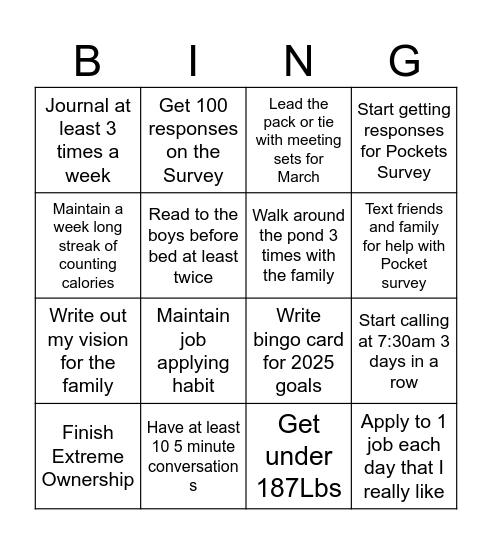 2 Week Bingo Card