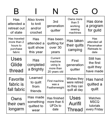 Piecemakers Ice Breaker Activity Bingo Card