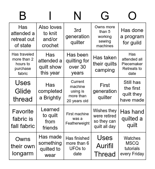 Piecemakers Ice Breaker Activity Bingo Card