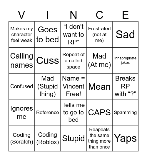 VINCENT CARD Bingo Card