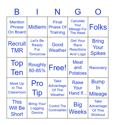 Brady Wells XC/TF Bingo Challenge Bingo Card