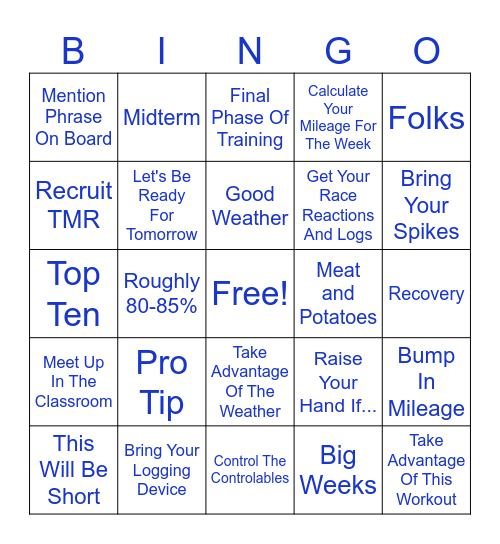 Brady Wells XC/TF Bingo Challenge Bingo Card
