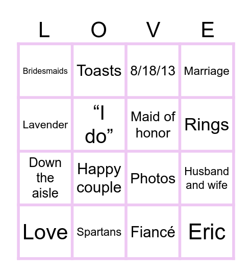 Kelsey’s Bridal Bingo Card