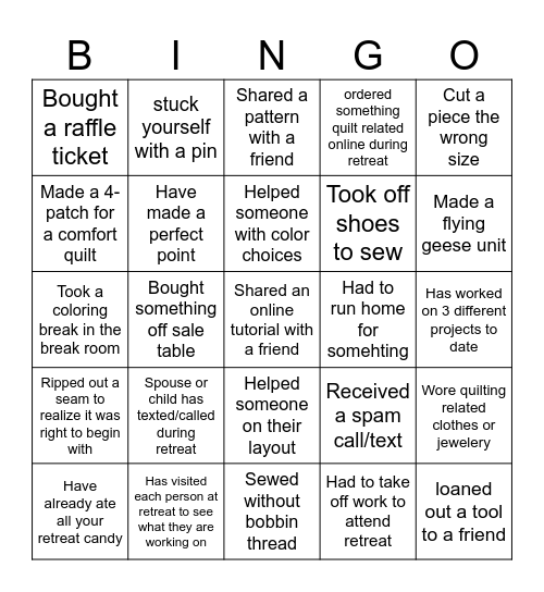 PieceMaker Retreat Bingo Card