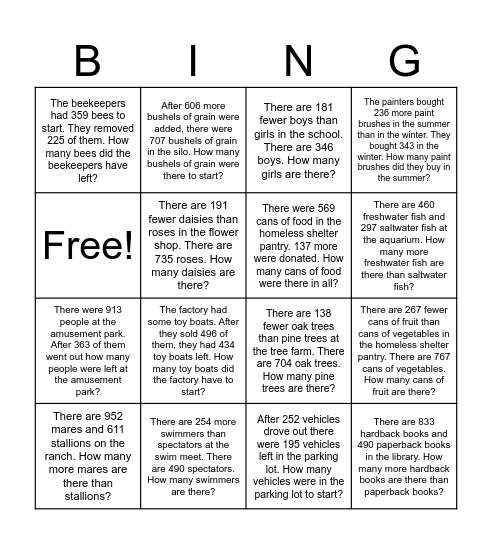 Word Problems Bingo Card