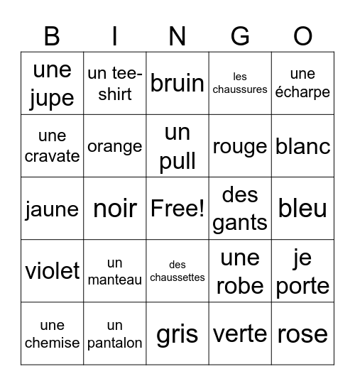 Des Vêtements Bingo Card