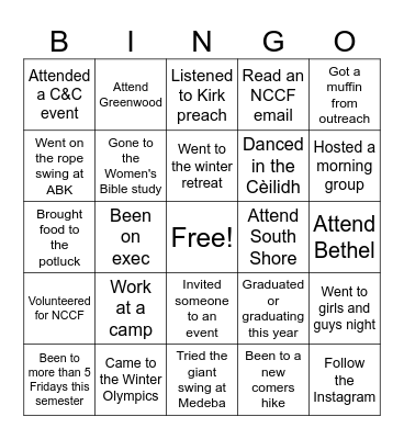 Never Have I Ever, NCCF Edition Bingo Card