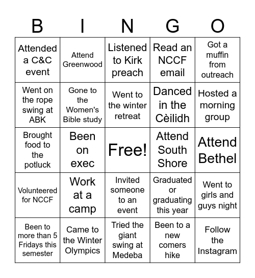 Never Have I Ever, NCCF Edition Bingo Card