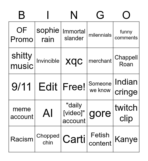 Instagram Bingo Card