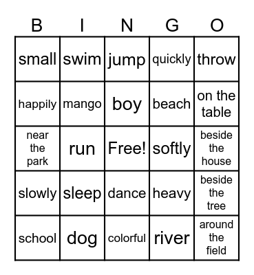 Parts of speech Bingo Card