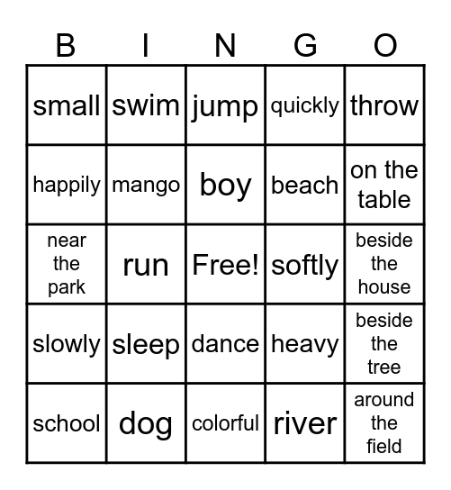 Parts of speech Bingo Card