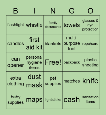 EARTHQUAKE KIT BINGO Card