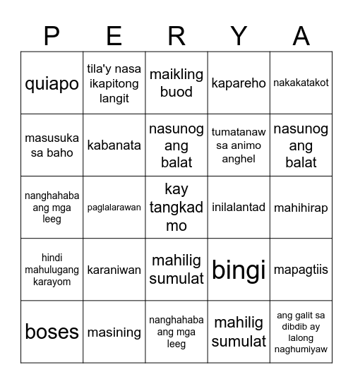 PERYA Bingo Card