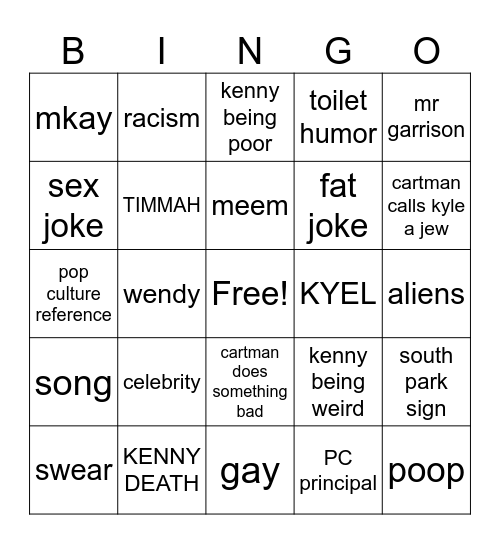 south park bingo Card