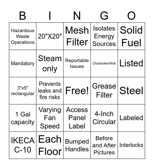 KEC Technician Bingo Card