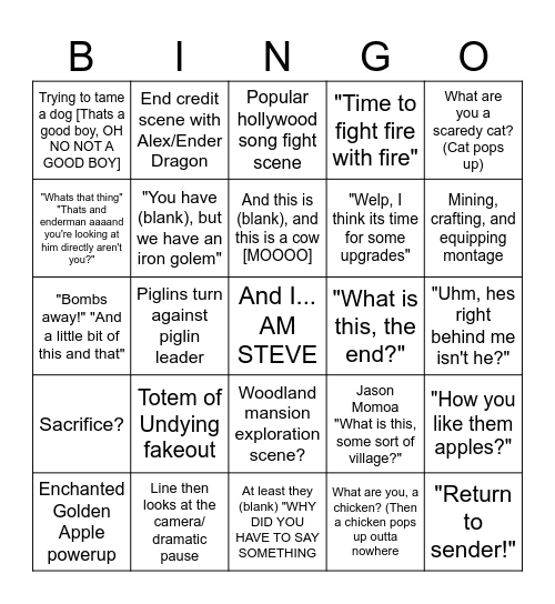 Minecraft Movie Bingo Board Bingo Card