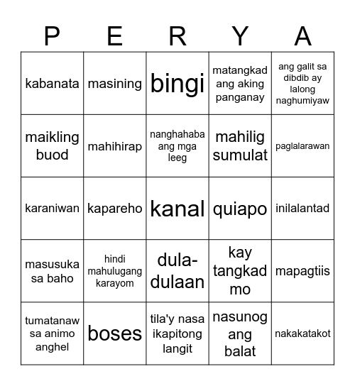 PERYA Bingo Card