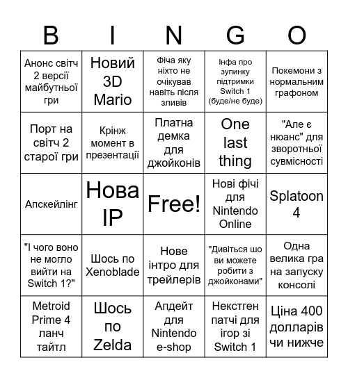 Switch 2 Bingo Card