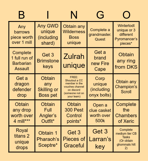 Old School RuneScape Bingo Card