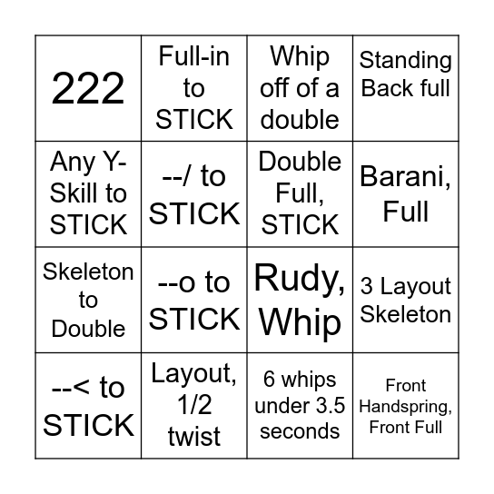 Junior Girls Bingo Card