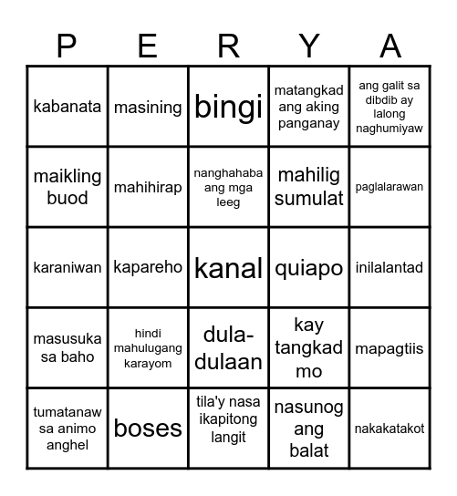 PERYA Bingo Card