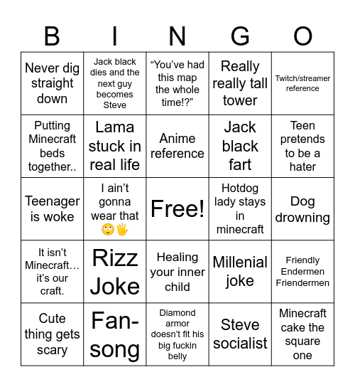 Minecraft Movie Bingo (Chevys) Bingo Card