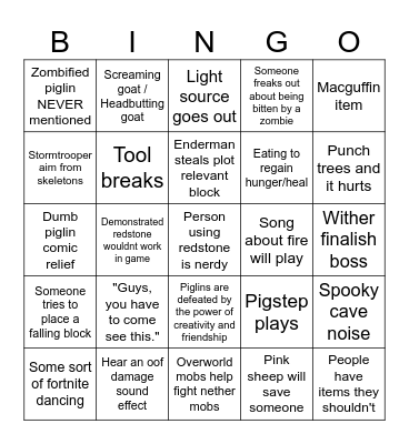 Minecraft movie bingo Card