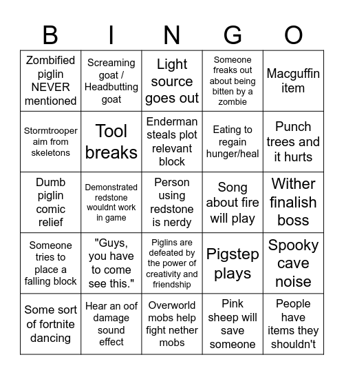 Minecraft movie bingo Card