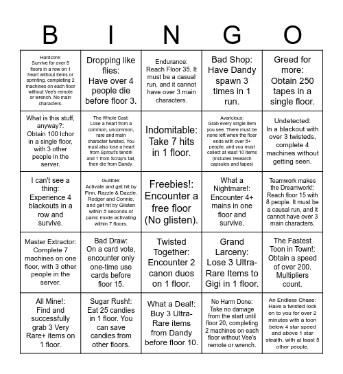 The Ultimate Dandy's World Challenge Bingo Card