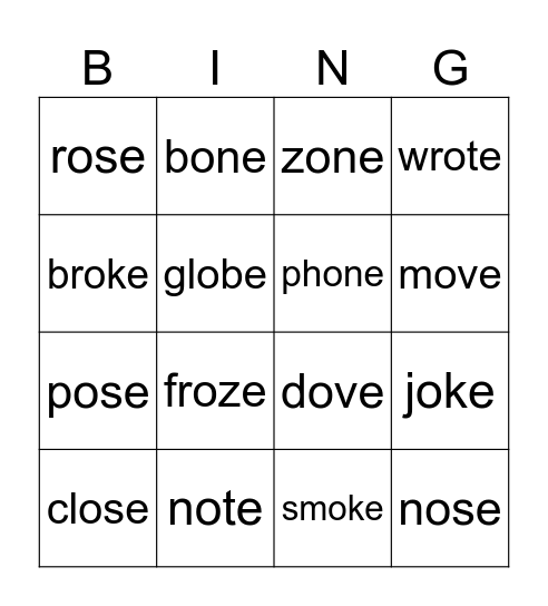 CVCe  (O_e) Bingo Card