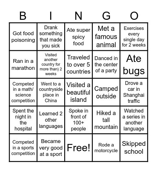 BUCKETLIST BINGO Card