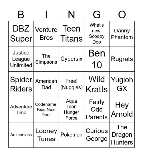 Cartoon Opening (and 1 ending) Themes~ Bingo Card