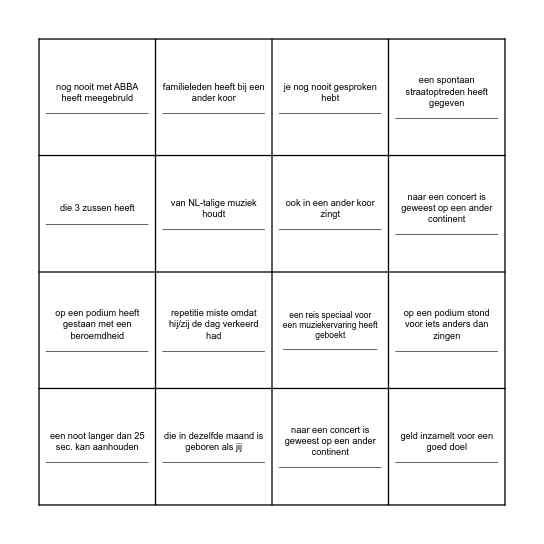 Vind iemand uit een andere stemgroep die... Bingo Card