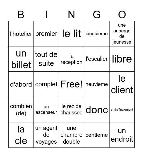 French 2 A l'hotel Bingo Card