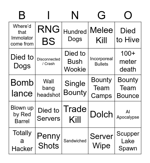 Hunt: Showdown Bingo 1896 Bingo Card