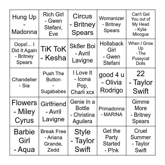 Karaoke Bingo - Pop Bingo Card