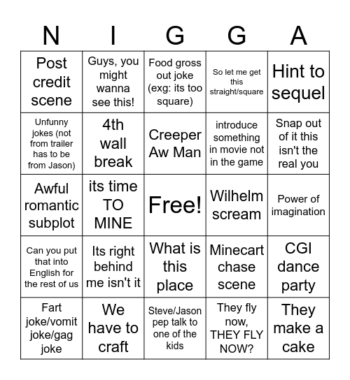 Minecraft Movie Bingo Card